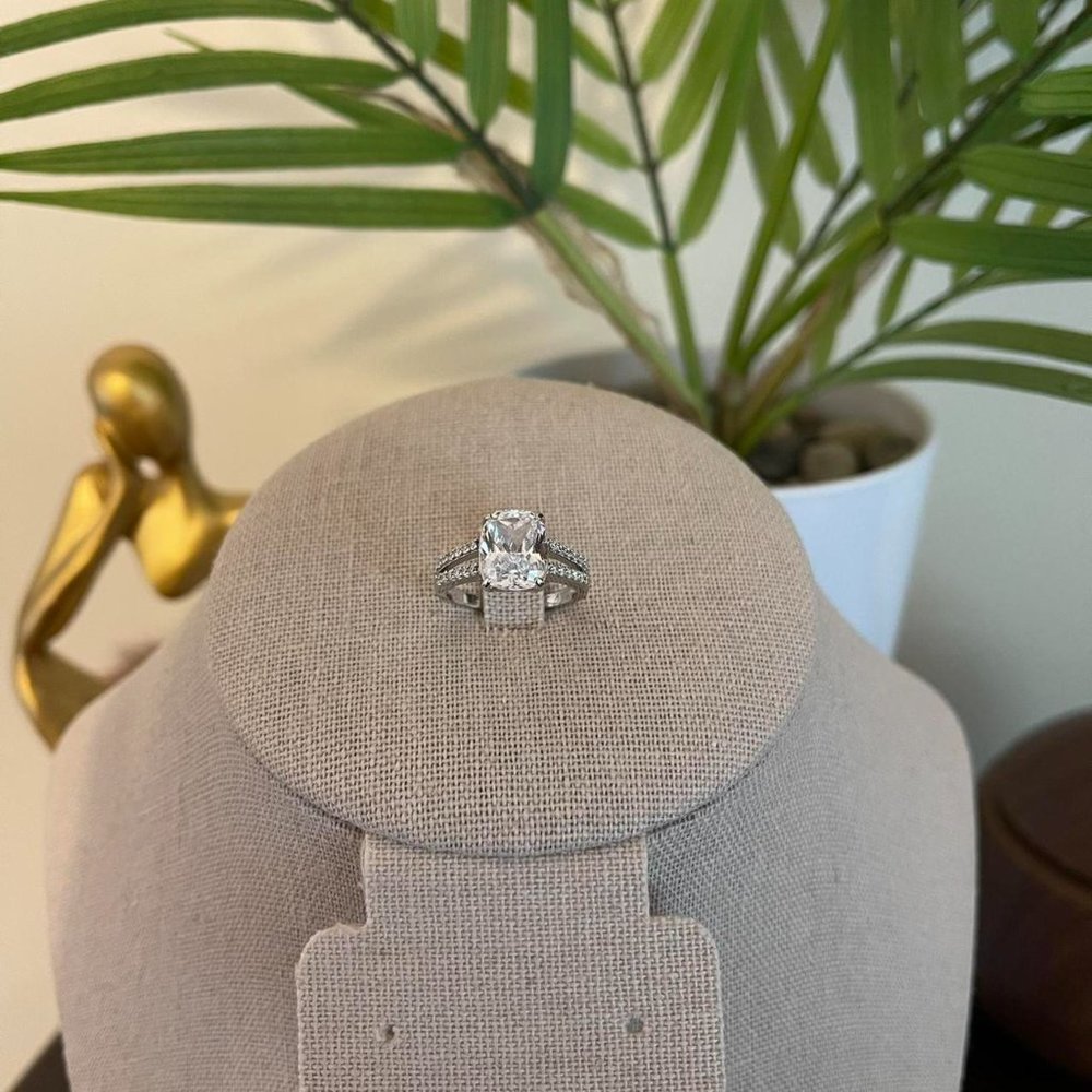 Sterling Silver Cushion Cut Stimulated Diamond Engagement Wedding Ring - Picture 2 of 4